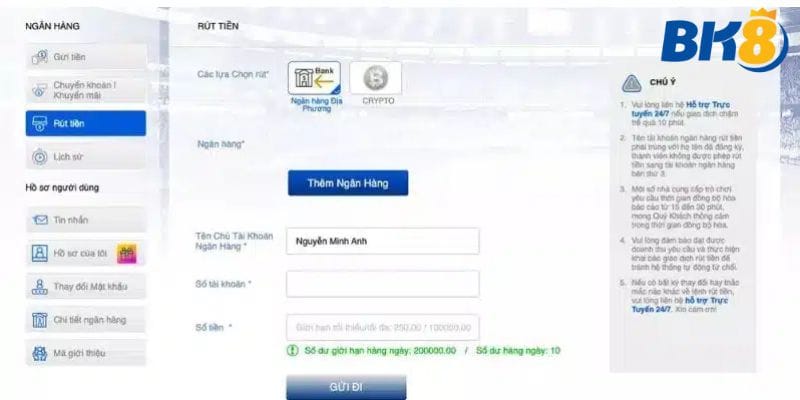 Rút Tiền BK8 Hướng Dẫn Thành Công Trong Vòng 2 Phút  3 Rút tiền liền tay bằng hình thức Internet Banking truyền thống